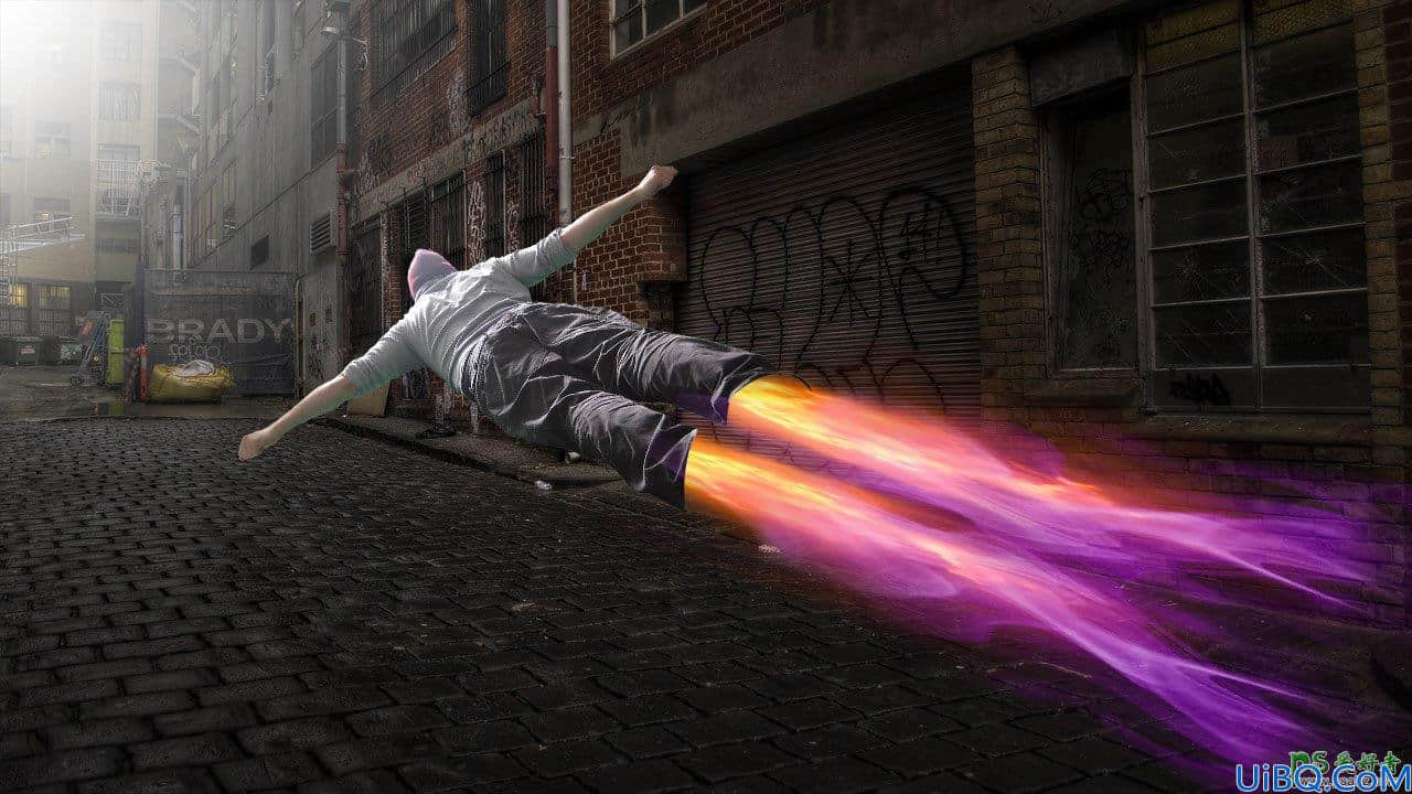 Photoshop人像特效合成：打造在街道中飞行的男子，街道飞行的超人阿童木