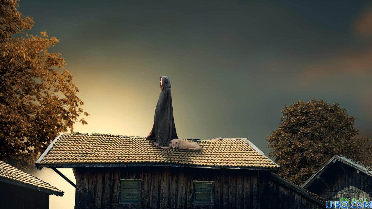 Photoshop人像合成实例：创意合成站在古建筑屋顶上戴斗篷的狐狸女巫。