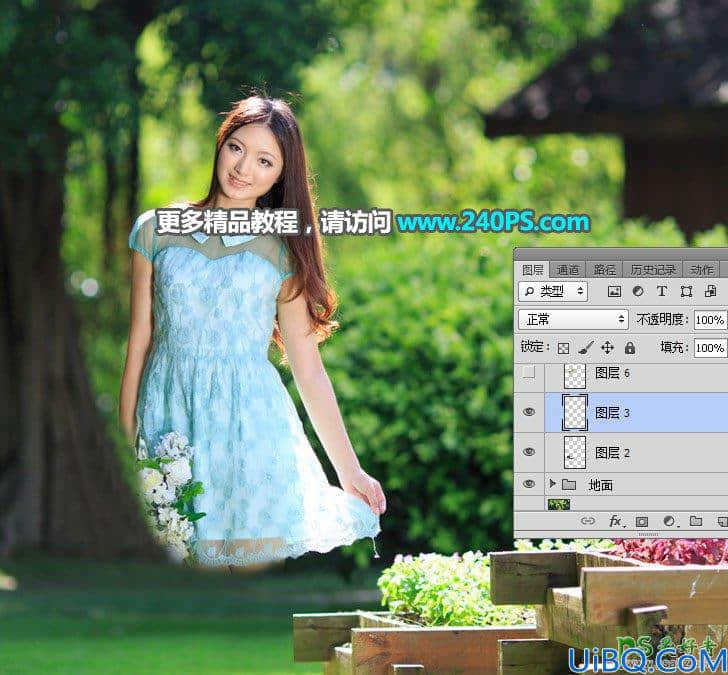 Photoshop快速抠出公园风景照片中的美女人像，修复出原始的背景