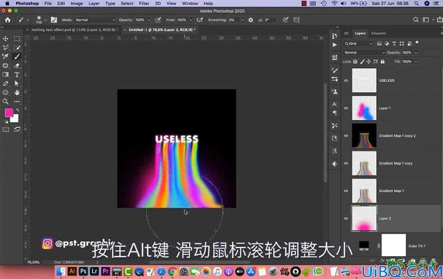 Photoshop个性文字设计：制作文字底部喷出彩虹效果的个性文字，个性字体