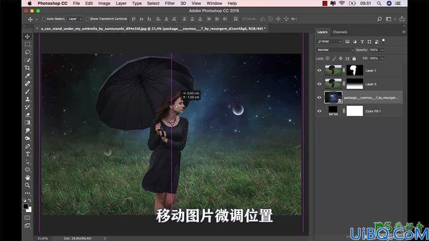 Photoshop人像合成实例：创意打造暗夜星空下打着伞游走的欧美少女场景。