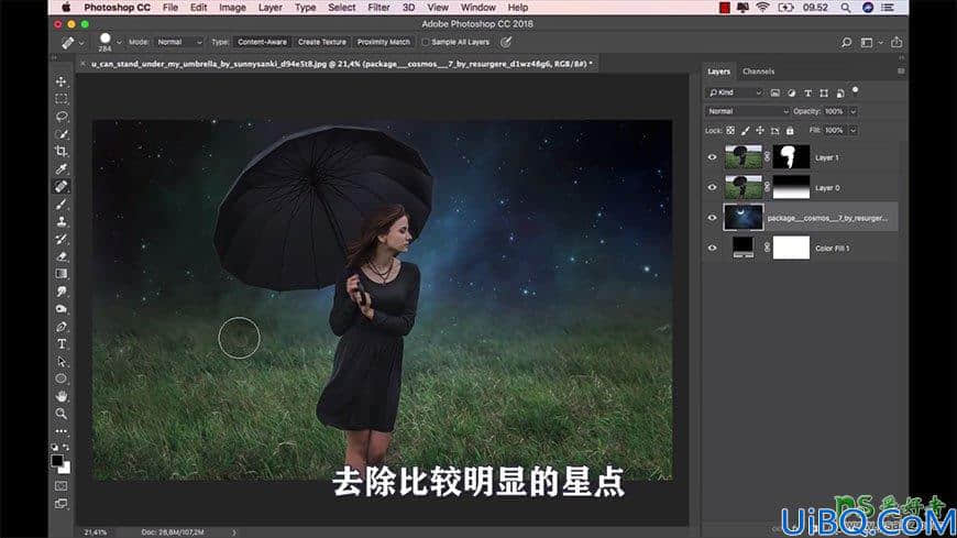 Photoshop人像合成实例：创意打造暗夜星空下打着伞游走的欧美少女场景。