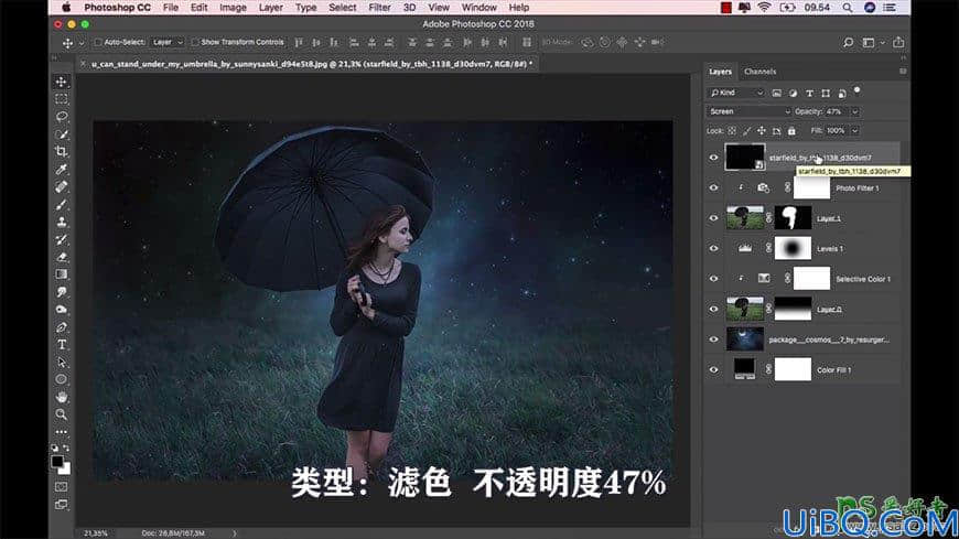 Photoshop人像合成实例：创意打造暗夜星空下打着伞游走的欧美少女场景。