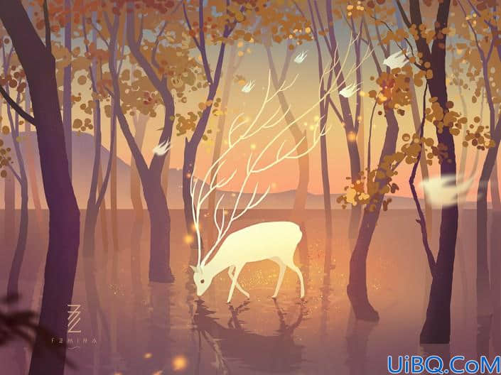 Photoshop插画制作实例：手绘一只唯美梦幻的小鹿插画图片场景。