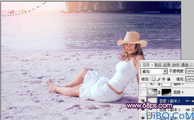 Photoshop给海滩上的美女图片加上淡紫霞光色