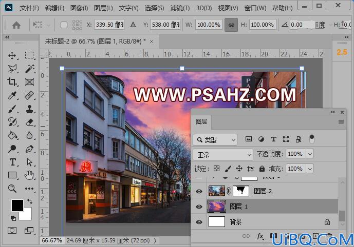 Photoshop后期调色教程：给繁华的城市街景照片后期调出炫丽的晚霞夜景色