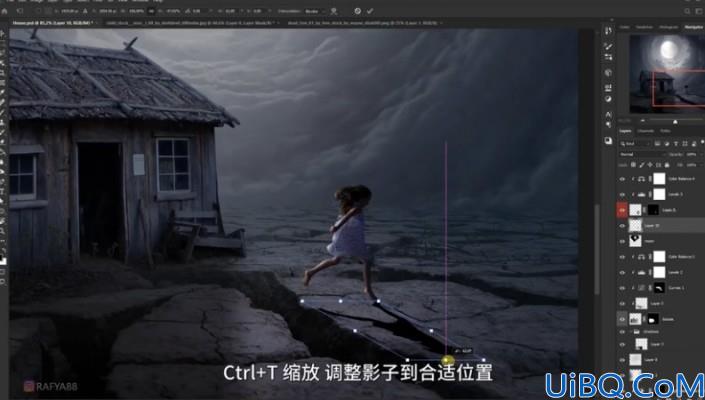 场景合成，利用Photoshop中的极坐标合成一张月色下玩耍的小女孩