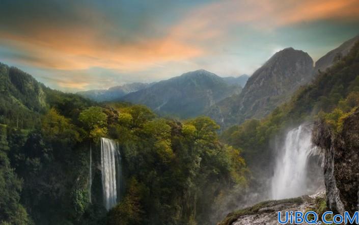 场景合成，合成一张深山瀑布风景照片