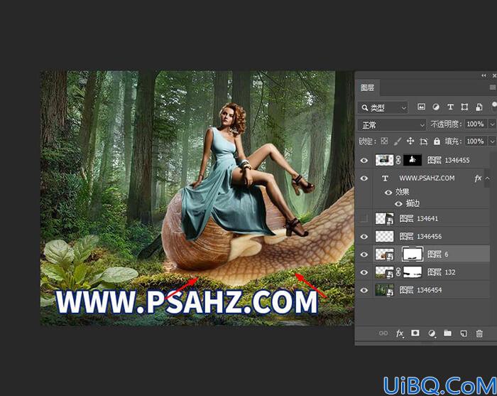 Photoshop美女人像合成实例：打造森林中蜗牛背上坐着的欧美美女景深图片