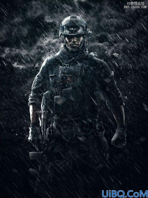 Photoshop合成雨中战士图