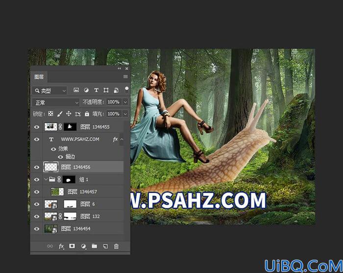 Photoshop美女人像合成实例：打造森林中蜗牛背上坐着的欧美美女景深图片