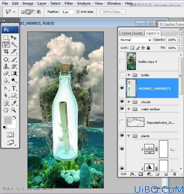Photoshop创意合成海水中漂流的许愿瓶和海岛