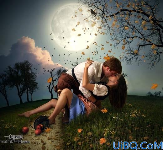 用Photoshop合成月光下情侣亲吻场景