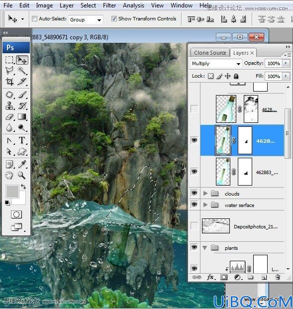 Photoshop创意合成海水中漂流的许愿瓶和海岛