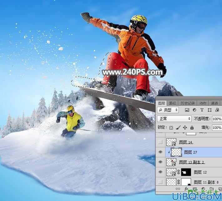 Photoshop创意合成腾云驾雾般的冬季滑雪场景特效图片。