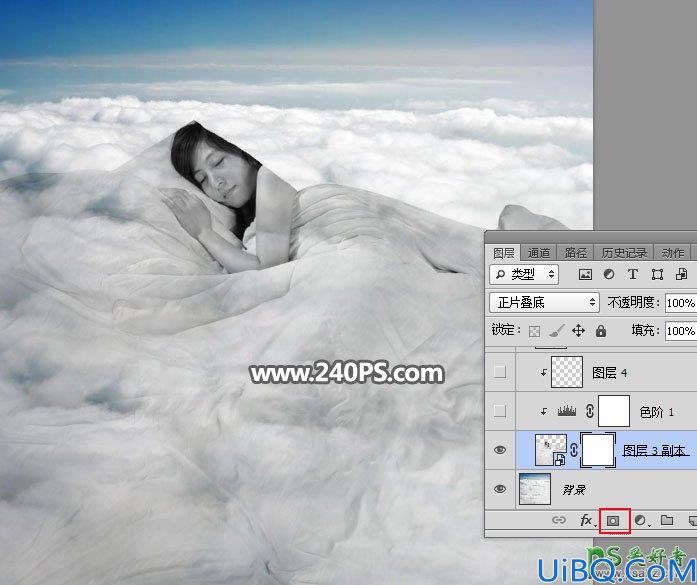 Photoshop人像合成教程：创意打造酣睡在云层中美女，云端上熟睡的美女。