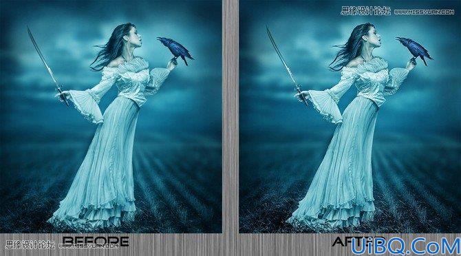 Photoshop合成手拿剑的女巫师施展巫术场景
