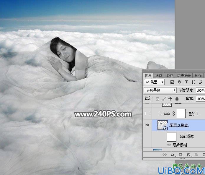 Photoshop人像合成教程：创意打造酣睡在云层中美女，云端上熟睡的美女。