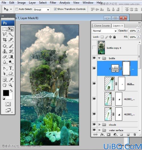 Photoshop创意合成海水中漂流的许愿瓶和海岛