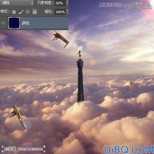Photoshop合成云层上的铁塔女孩场景