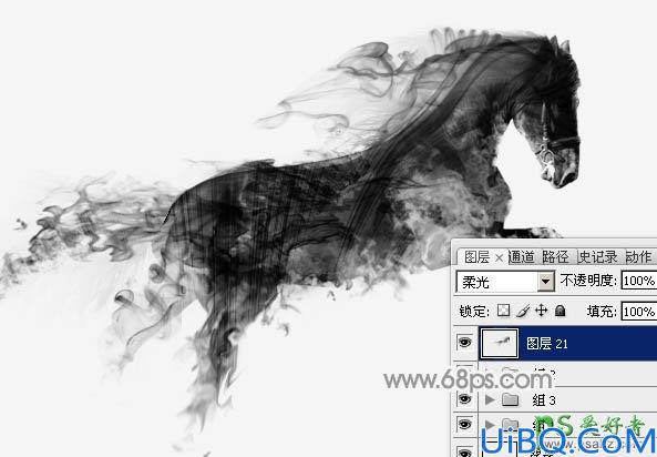 Photoshop创意合成唯美意境效果的水墨画黑马，奔跑的烟雾黑马图