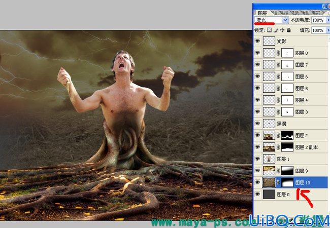 Photoshop使用素材合成一个愤怒的树人的教程