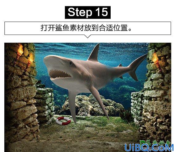 Photoshop创意合成众水族馆中钻出的大鲨鱼特效图片