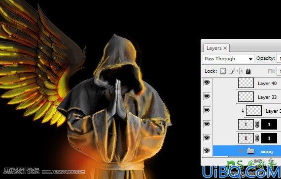 Photoshop人像合成实例：创意合成燃烧翅膀效果的僧侣，燃烧羽翼的僧侣