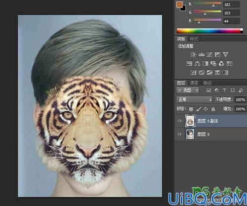 Photoshop人脸合成教程：给漂亮的帅哥脸部换上霸气的虎头图案。