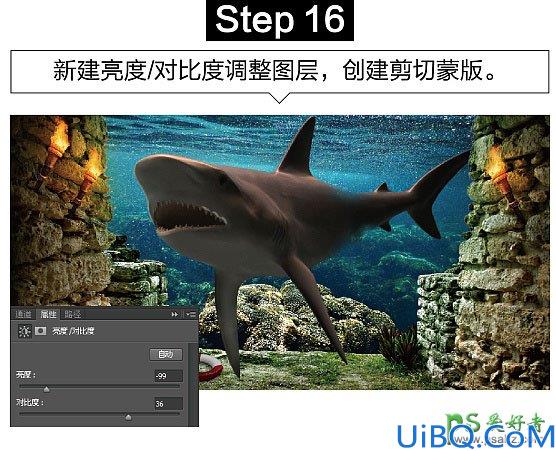 Photoshop创意合成众水族馆中钻出的大鲨鱼特效图片