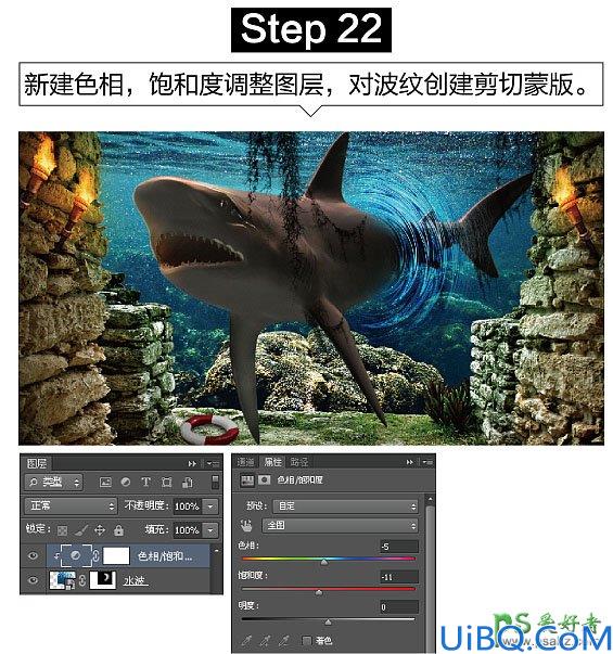 Photoshop创意合成众水族馆中钻出的大鲨鱼特效图片