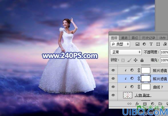 Photoshop创意合成云端上的婚纱照美女，云端的梦幻蓝色天使少女图片