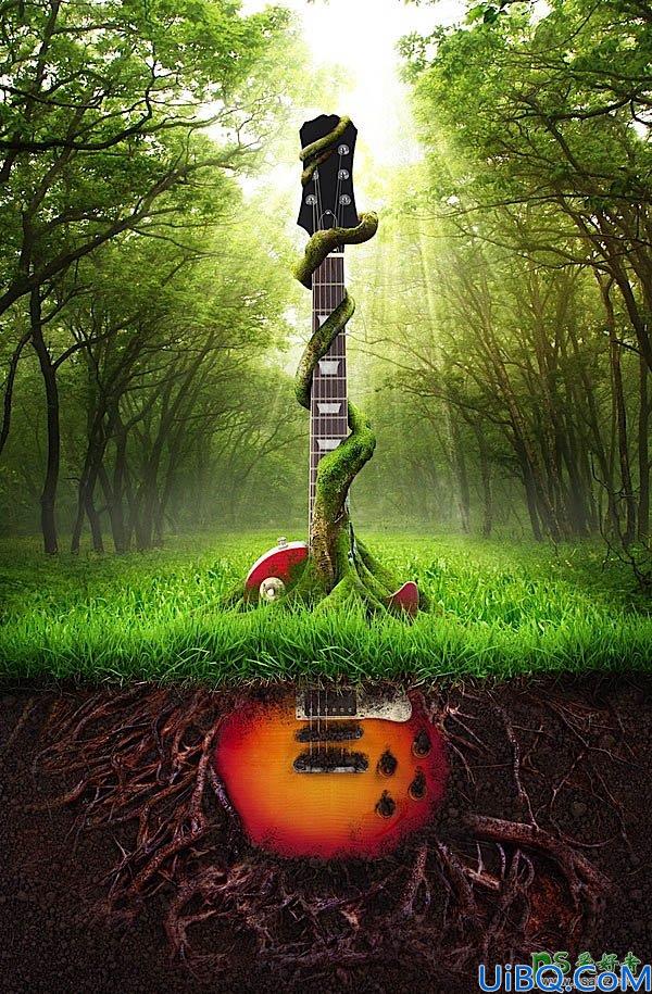 Photoshop合成教程：森林树木与吉他完美的结合打造出被树枝缠绕的吉他