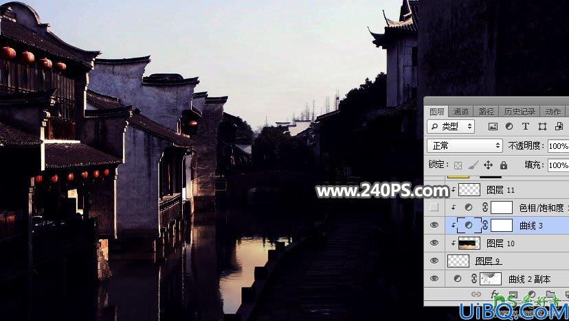 Photoshop给江南古镇建筑风景照调出漂亮的霞光色，夕阳效果。