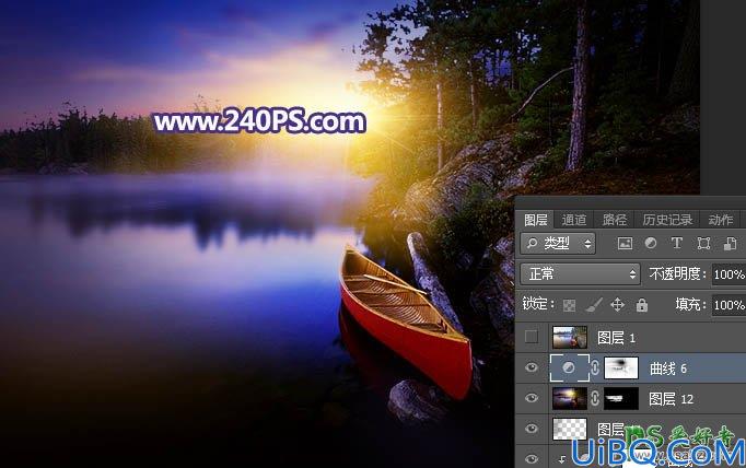 Photoshop风景照调色实例：给平静的湖景照片加上唯美的日出效果。