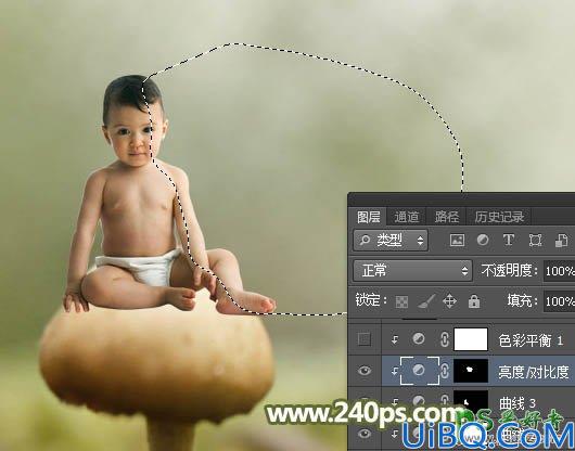 Photoshop婴儿照片合成教程：创意打造可爱婴儿坐在蘑菇上的小天使形象图