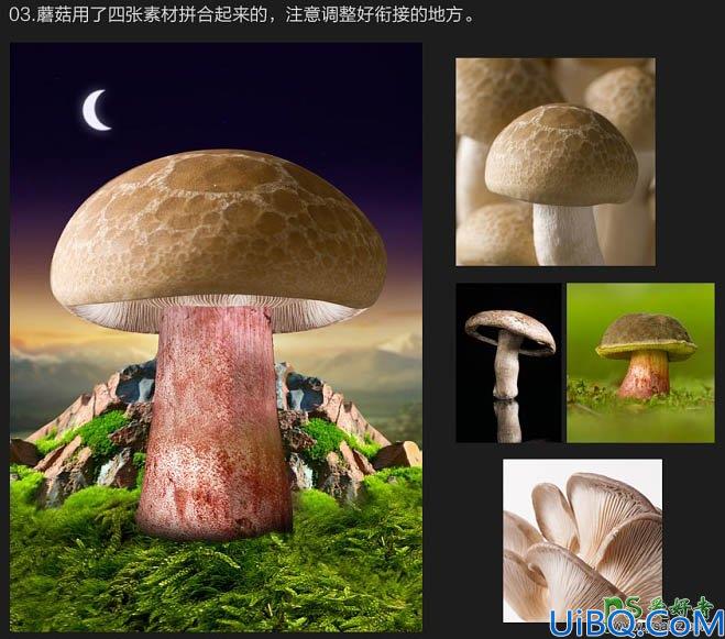 Photoshop创意合成可爱的小熊和蜗牛在磨菇屋顶赏月色的场景