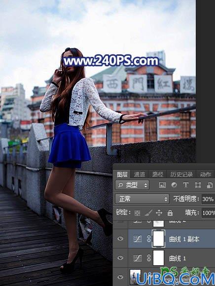 Photoshop给长腿美女模特外景照片调出蓝紫色霞光色彩。