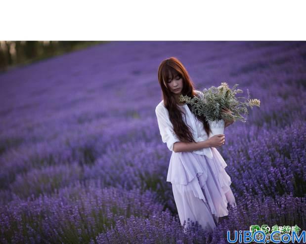 Photoshop美女调色教程：用逆光强化给花草中的美女照片调出唯美的紫色