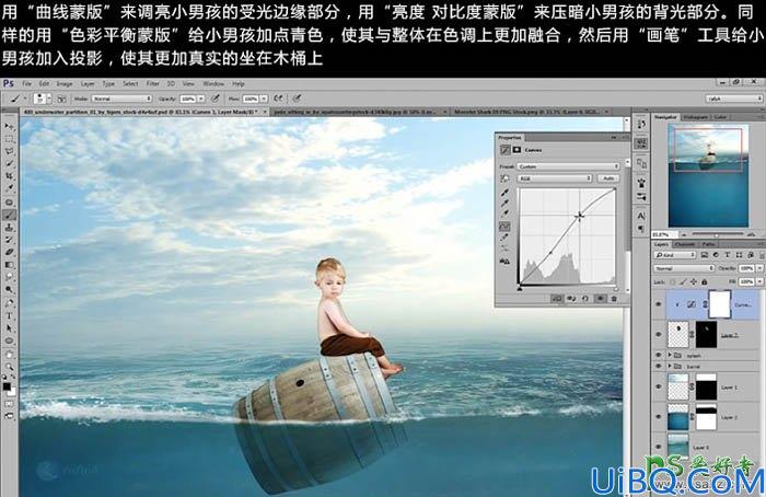 Photoshop创意合成可爱小孩乘坐木桶漂泊在海上被水下鲨鱼凝视的场景