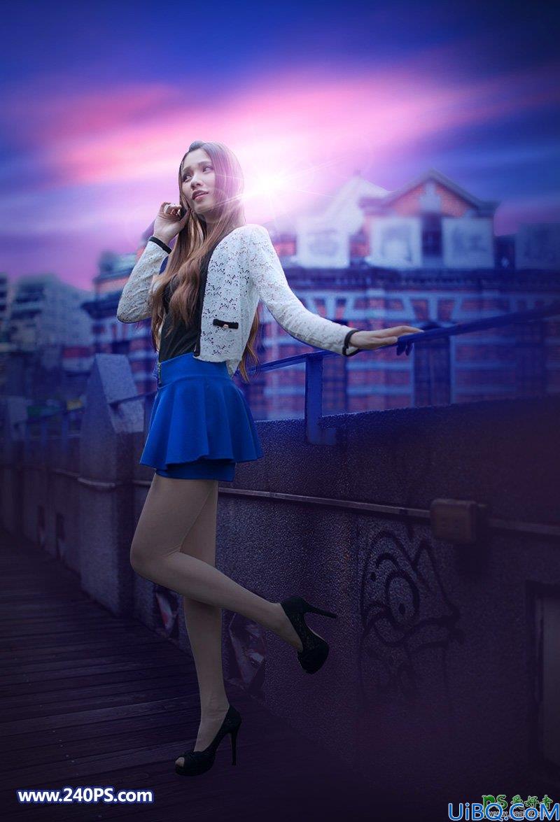 Photoshop给长腿美女模特外景照片调出蓝紫色霞光色彩。