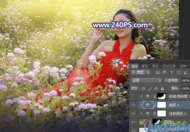 Photoshop调色教程：给花园中拍摄的性感女人照片调出唯美的紫色，阳光色