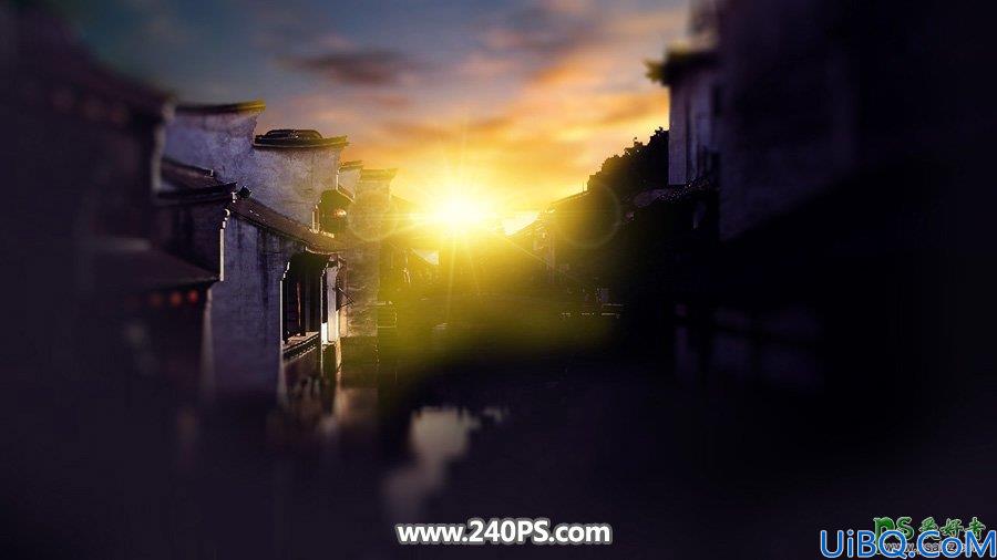 Photoshop给江南古镇建筑风景照调出漂亮的霞光色，夕阳效果。