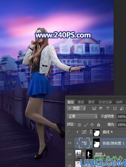 Photoshop给长腿美女模特外景照片调出蓝紫色霞光色彩。