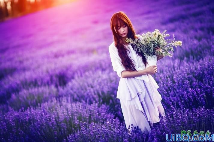 Photoshop美女调色教程：用逆光强化给花草中的美女照片调出唯美的紫色