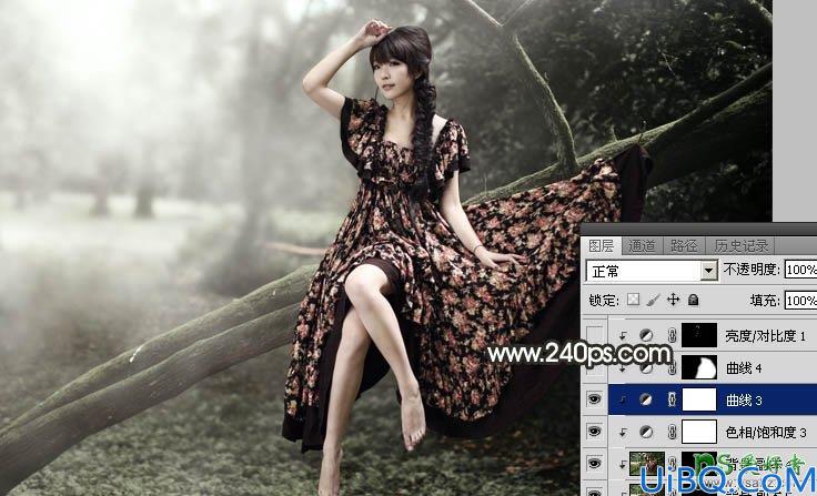 Photoshop给碎花裙美腿女生艺术照调出唯美的黄褐色，森系美女后期调色。