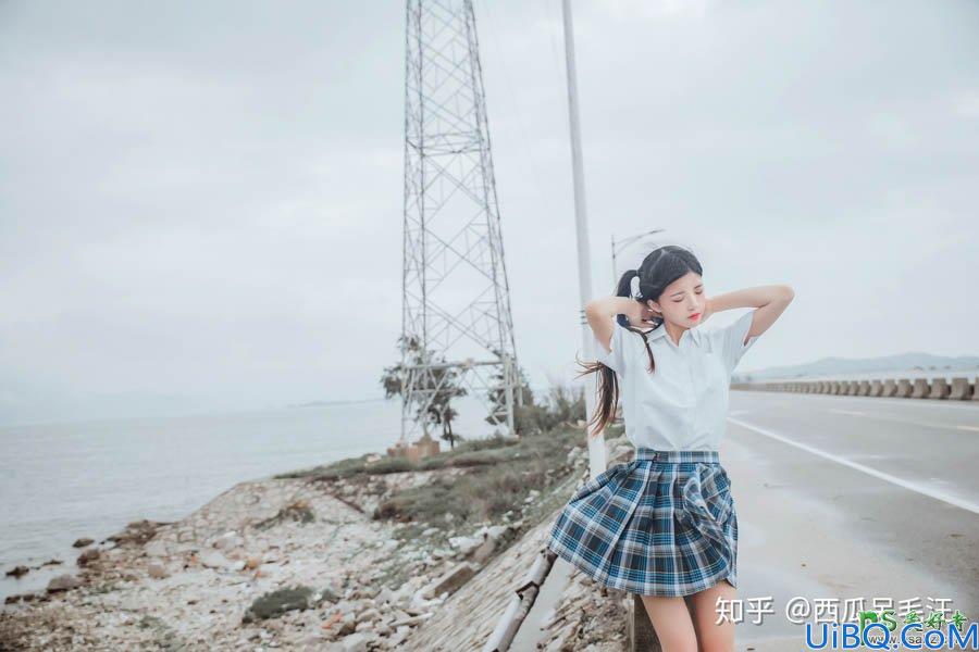 Photoshop给台风天海边拍摄的制服少女外景照片调出淡雅小清新效