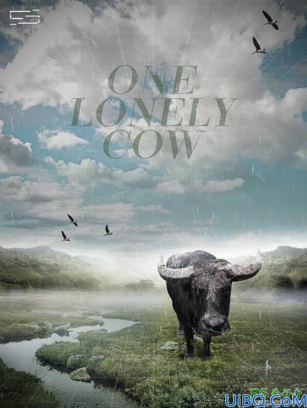Photoshop创意合成一头在野外孤独流浪的野牛场景海报