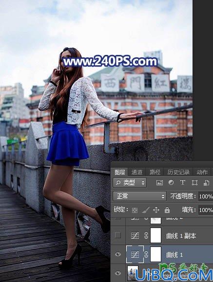 Photoshop给长腿美女模特外景照片调出蓝紫色霞光色彩。