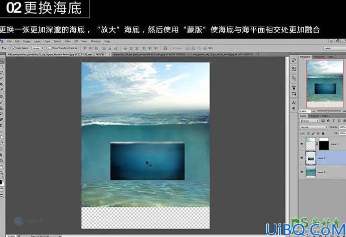 Photoshop创意合成可爱小孩乘坐木桶漂泊在海上被水下鲨鱼凝视的场景